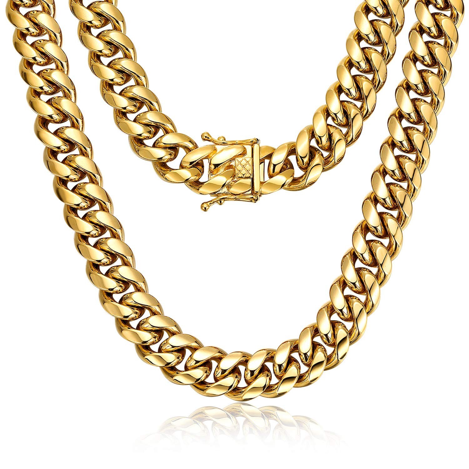 ROWIN&CO Miami Cuban Link Chain for Men 15mm 18k Gold Stainless Steel Curb Ne...