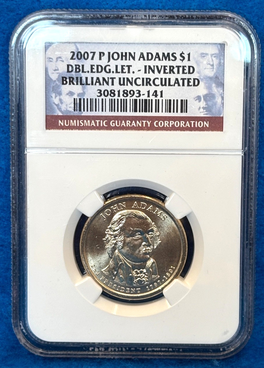 2007 P John Adams $1 DBL. EDG. LET. Inverted Mint Error NGC BU