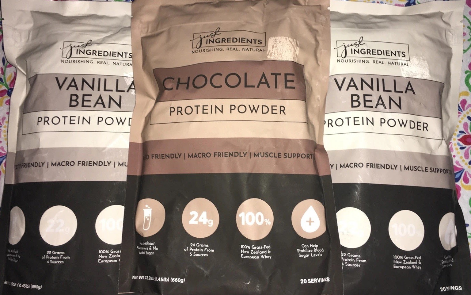 3 Just Ingredients 60 Servings 2 Bags Vanilla Bean 1 Chocolate Protein Powder 20
