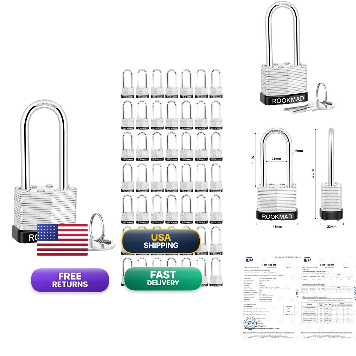 ROOKMAD Keyed Alike Laminated Steel Padlocks 50 Pack Long Shackle