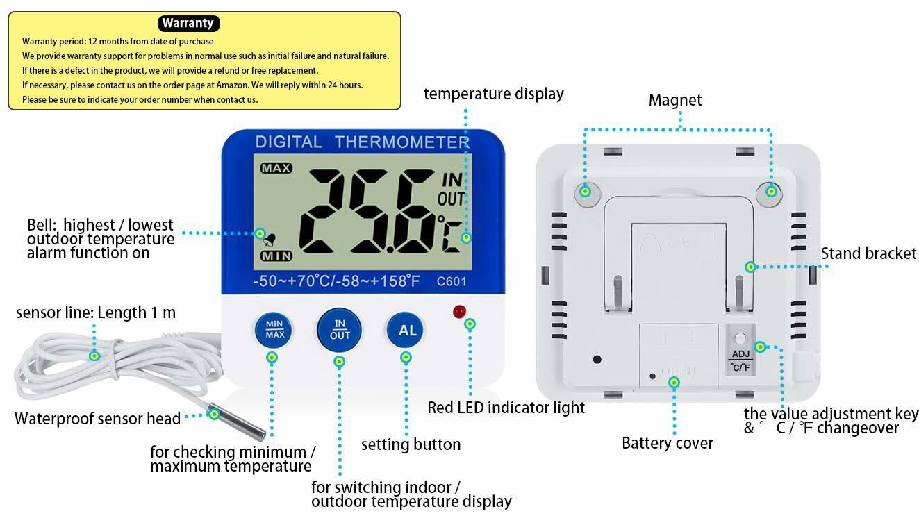 Digital Fridge Freezer Thermometer w/Temperature Alarm and Max Min Function ℃/℉