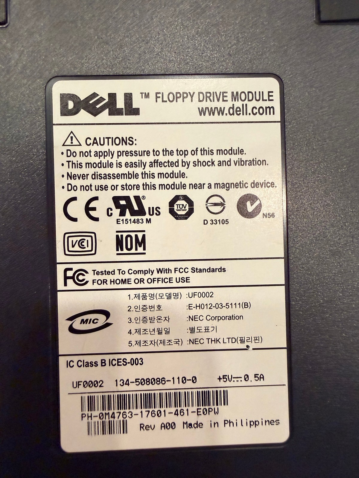 Dell External Floppy Drive Module UF0002 3.5 Inch USB Disk Drive 1.44MB