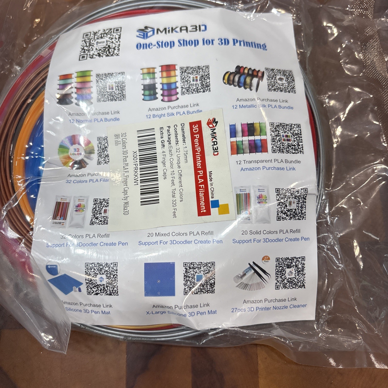 New Mika 3D Printing Pen Filament 10'/Color 32 Colors 1.75mm 4 Finger Caps