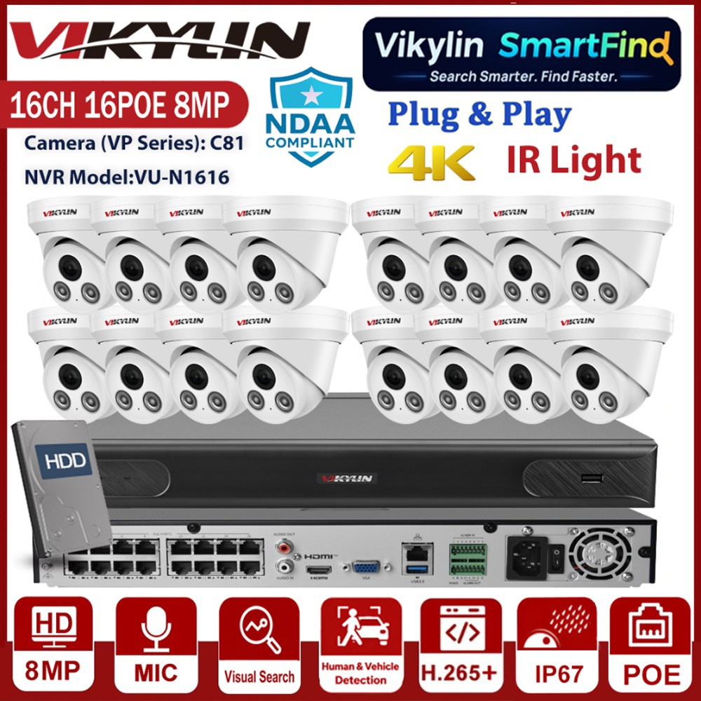 Vikylin SmartFind 16POE 16CH NVR 8MP IR Light Audio Security POE Camera NDAA Lot