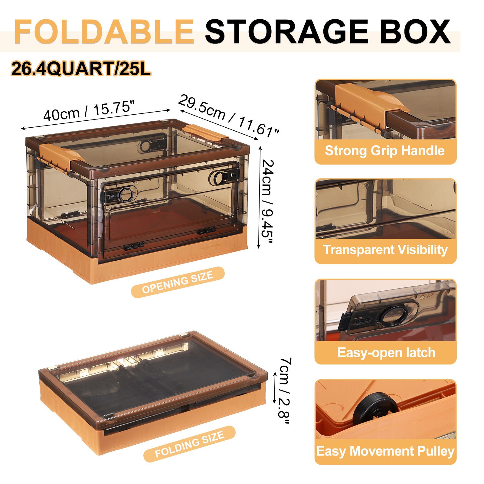 26.4 Quart Plastic Stackable Storage Bins Foldable Box for Bedroom(Orange)