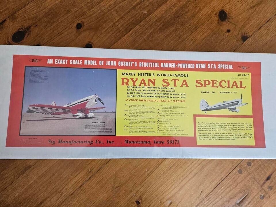 Rare! 1971 SIG Maxey Hester's RYAN STA SPECIAL 1/4 r/c kit /Sealed!