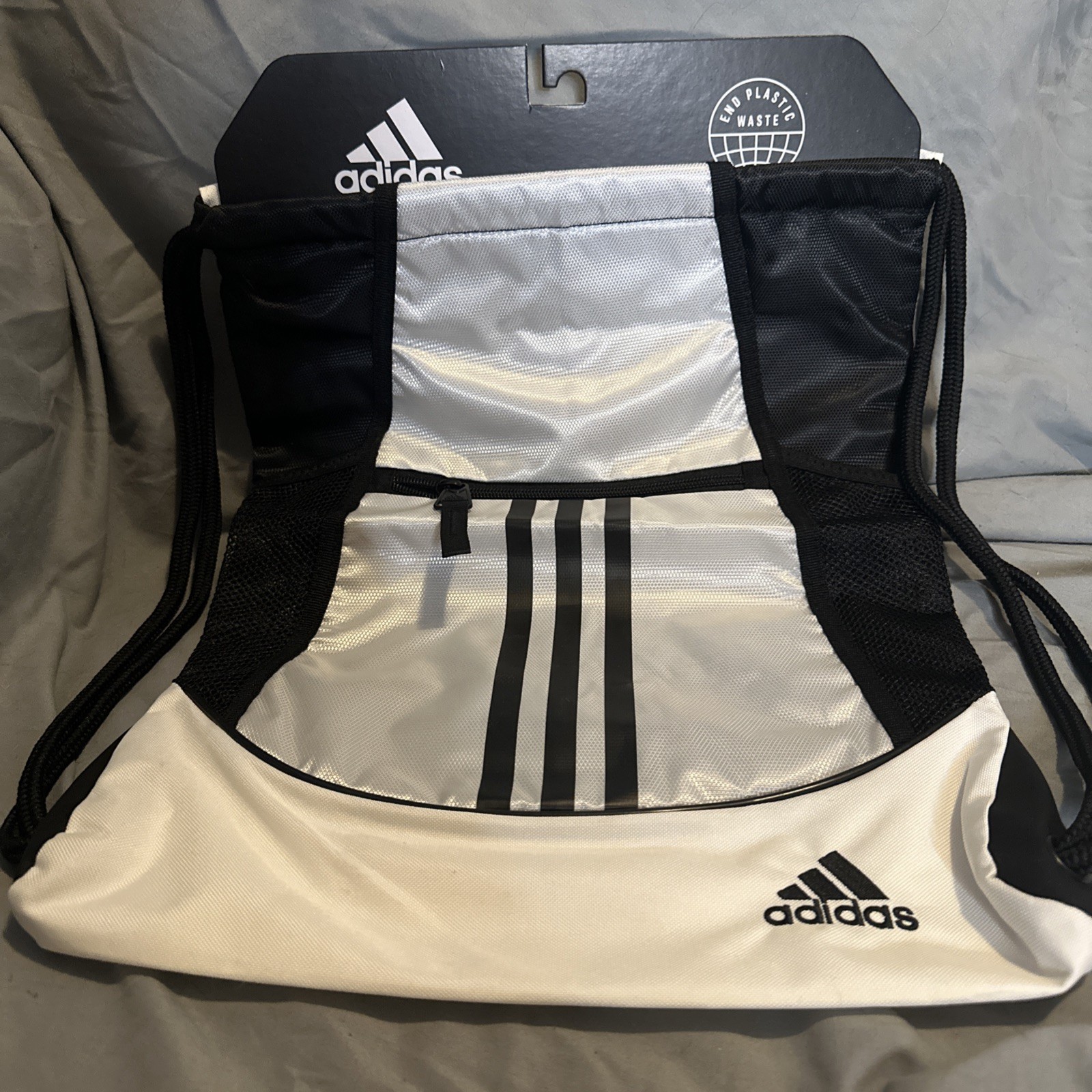 New Adidas Alliance II Sackpack, White & Black, Zipper Pocket Drawstring