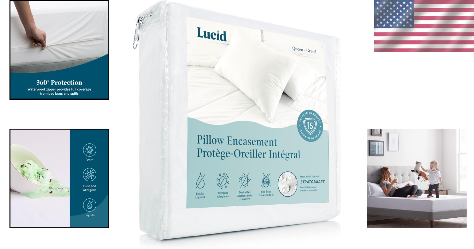 Zippered Waterproof Pillow Protector - Allergen & Bed Bug Proof – White 2-Pack
