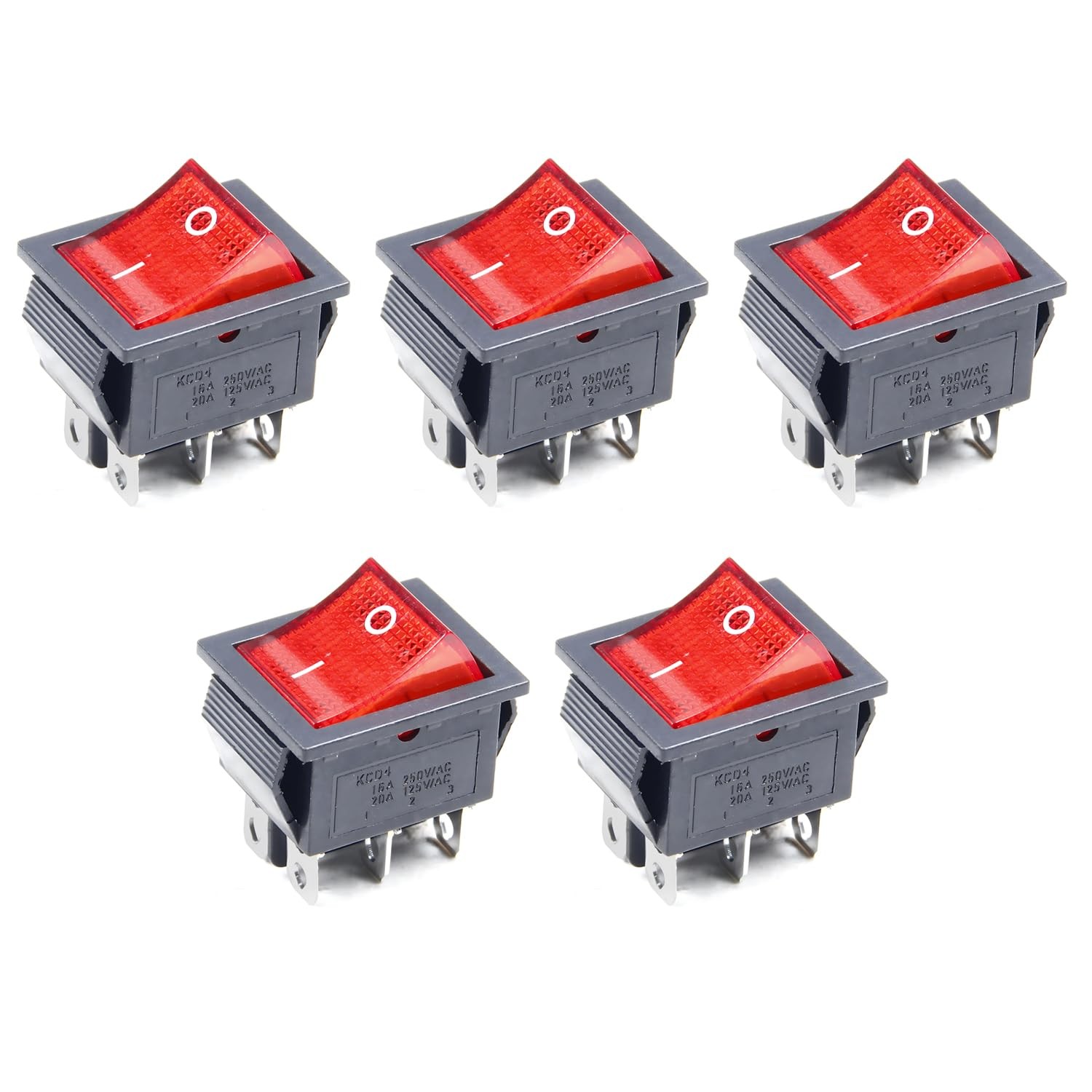 Rocker Switch 5 PCS KCD4 6 Pins 2 Position On/Off with Red Light 16A/250V