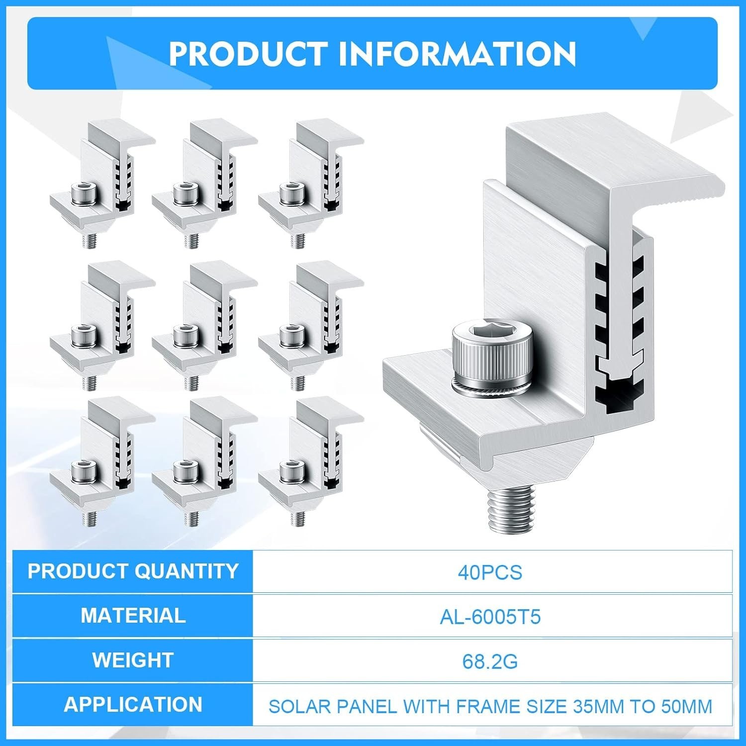40 Pack Adjustable Aluminum Solar Panel End Clamps for Secure Installations