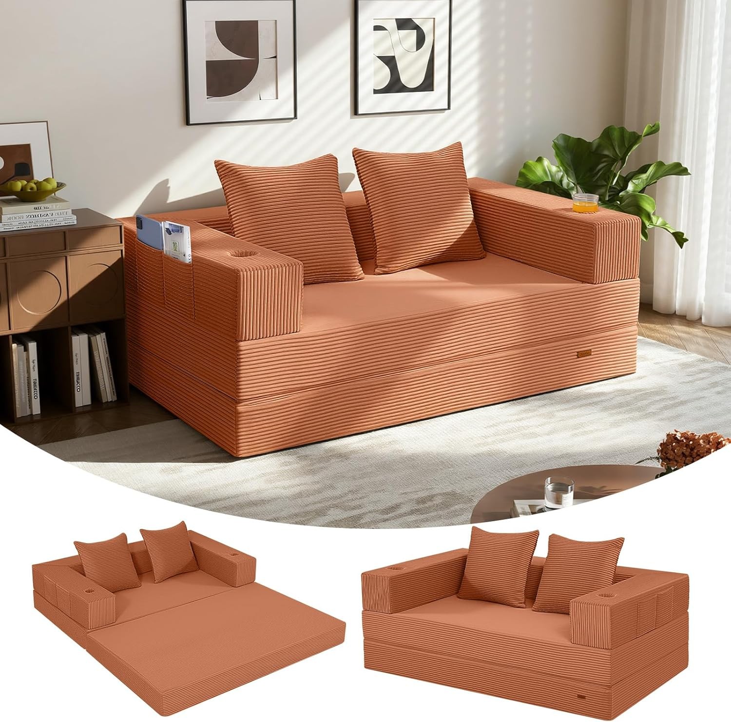 Futon Sofa Bed 4‑in‑1 Convertible Sofa Bed Folding Boneless Couches Living Room