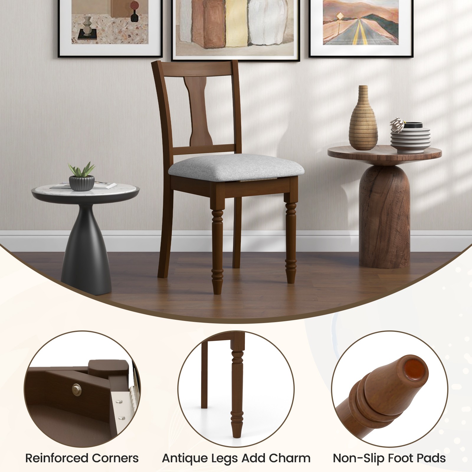2 PCS Wood Chair Antique Upholstered Chair w/ Storage Space Brown & Light Gray
