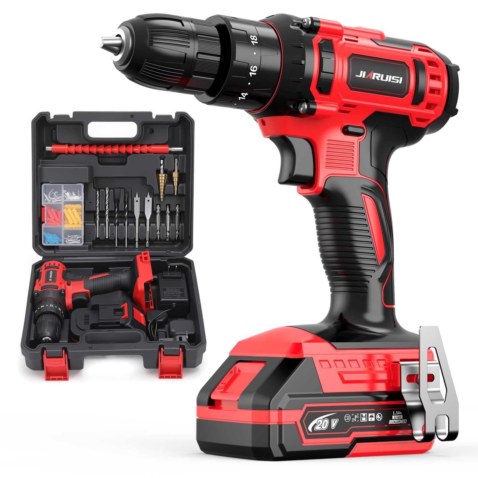 20V Cordless Power Drill Set 3/8 Keyless Chuck 18+3 Torque 72 Pcs Red