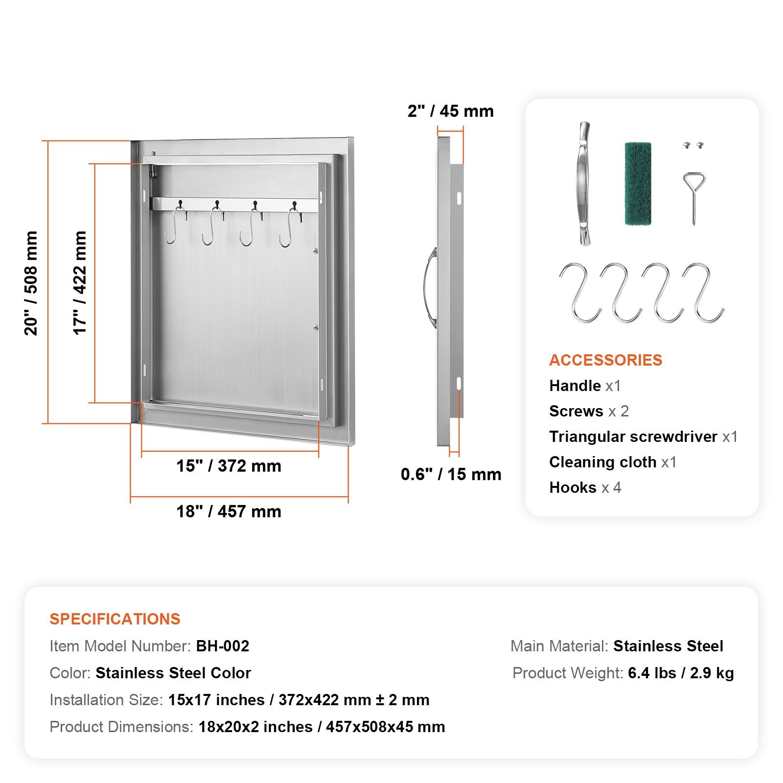 Flush Mount Stainless 18x20in BBQ Door Reversible