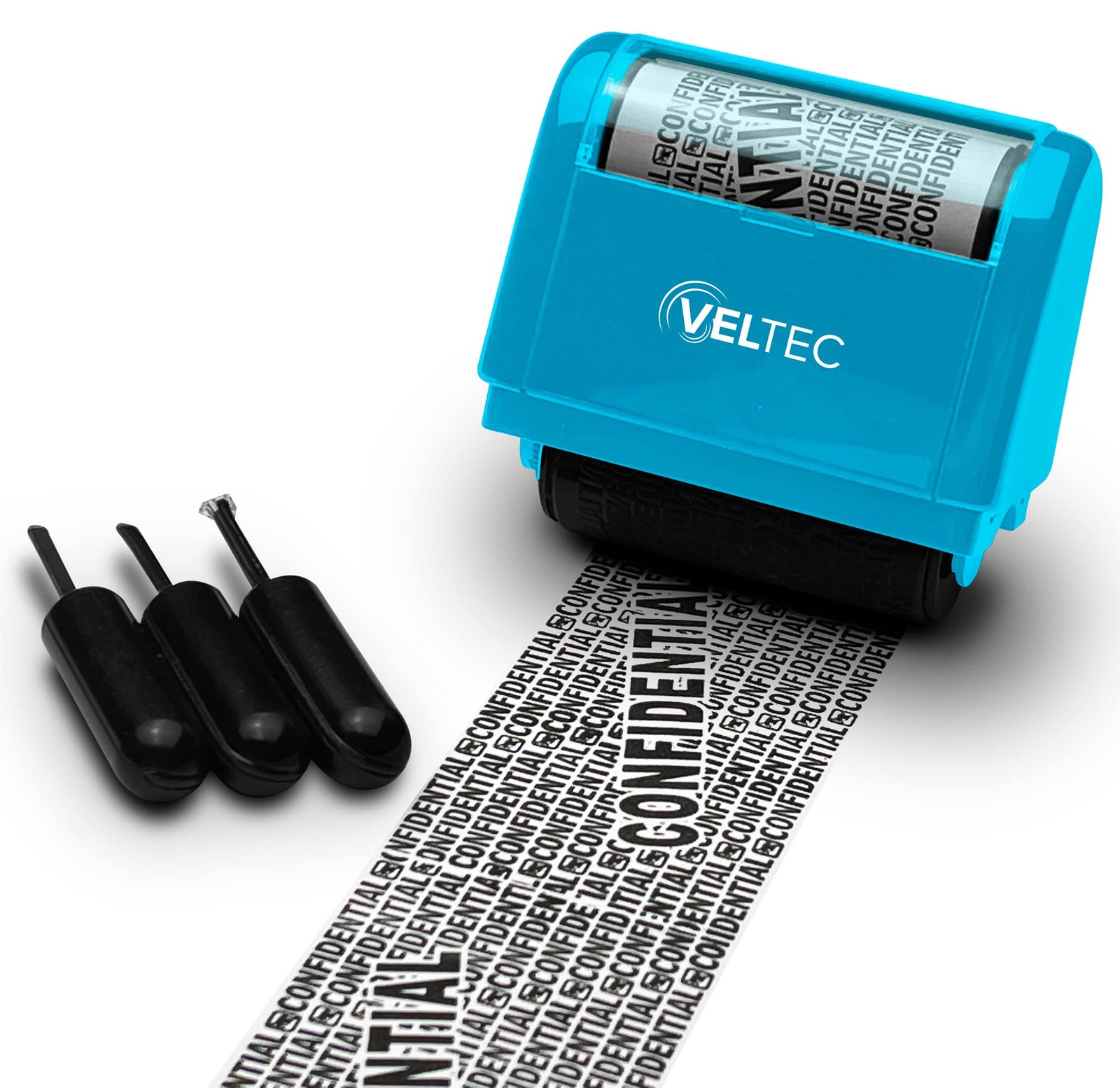 Veltec ID Protector Ink Roller - Identity Theft Stamp+3 Refills, Blue