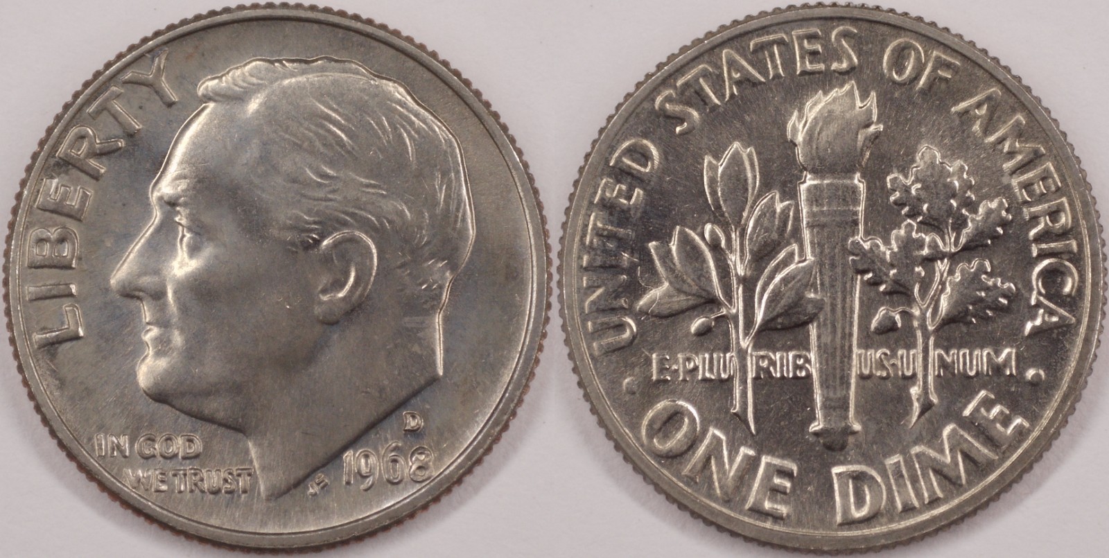 United States 1968 D 10 Cents Roosevelt Dime KM#195a Clad Torch Olive Oak Branch