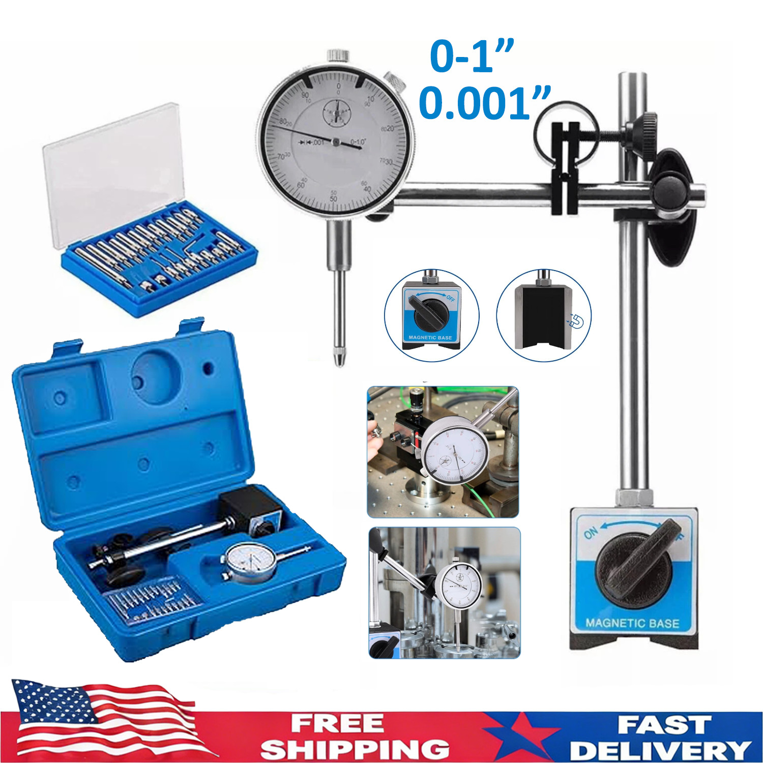 Dial Indicator w/ Magnetic Base Holder, Fine Adjustable Arm, 0-1", 0.001" Gauge