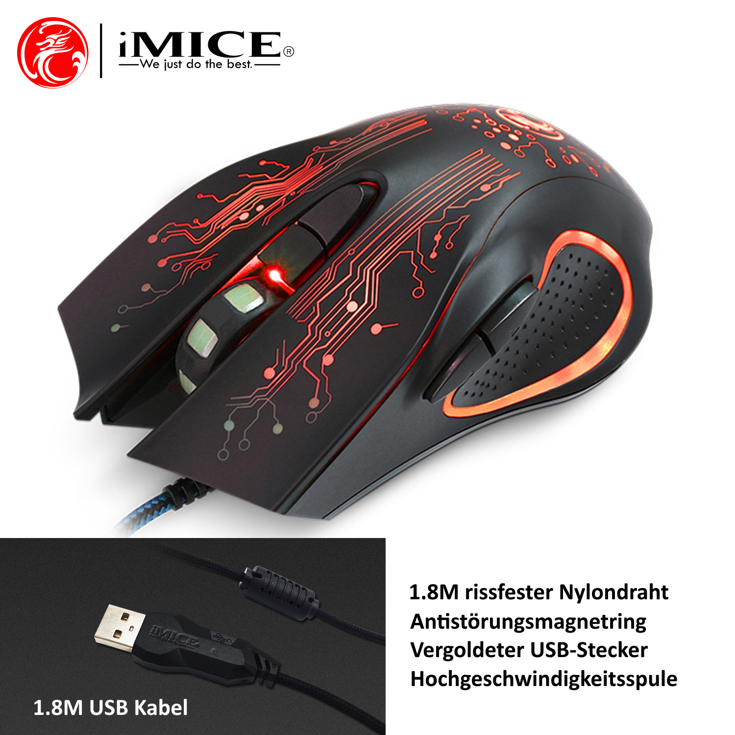 Gaming 6 buttons PC mouse 2400dpi optical RGB illuminated gamer mouse USB 1.8m