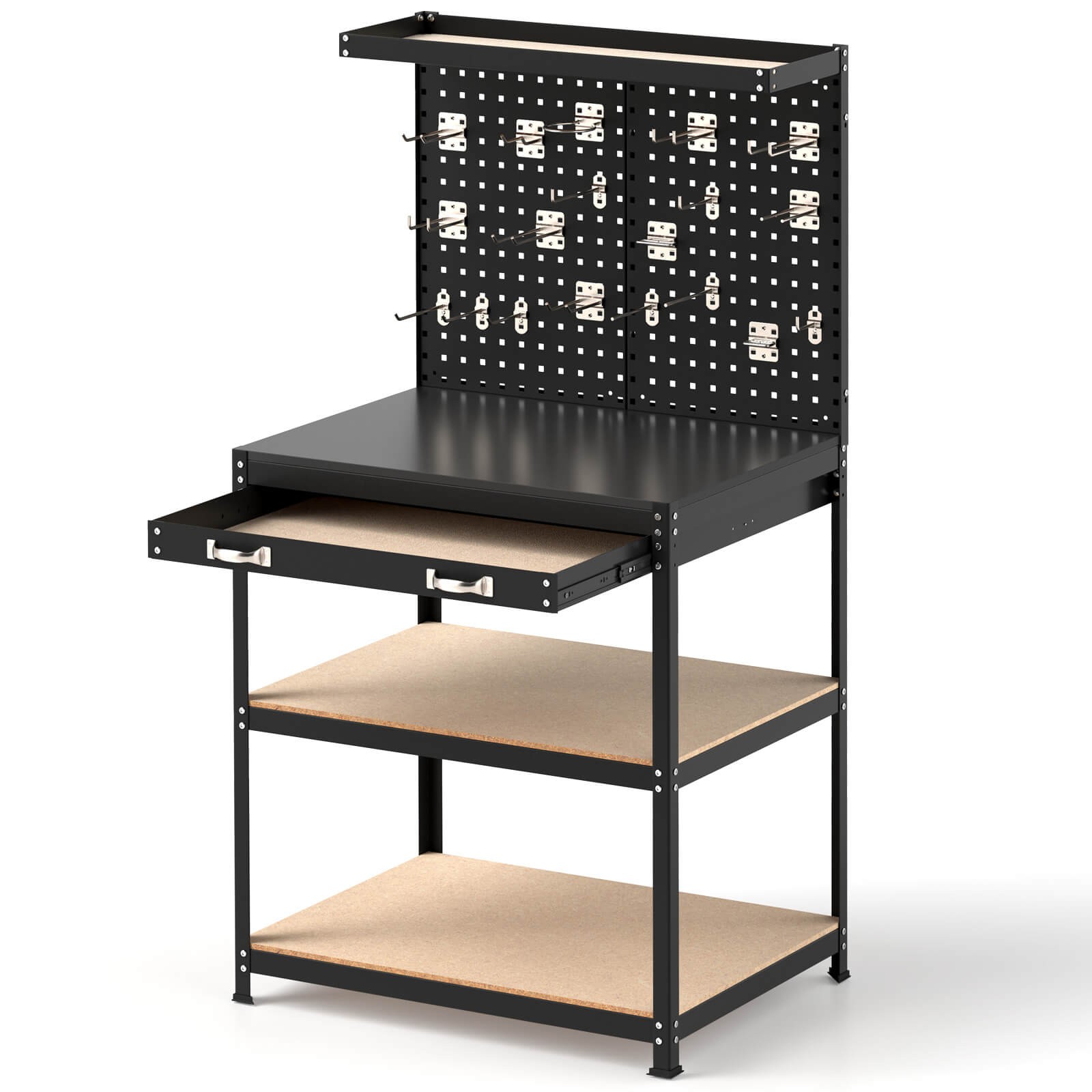 32" x 16" Workbench with Pegboard 20PCS Tool Hooks Drawer and Open Shelves