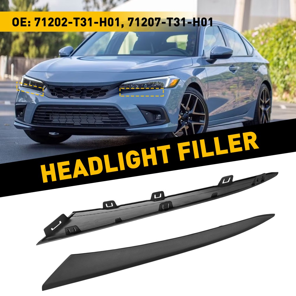 For 2022-2024 Honda Civic Headlight Eyelid Molding Filler Black Pair L&R Side