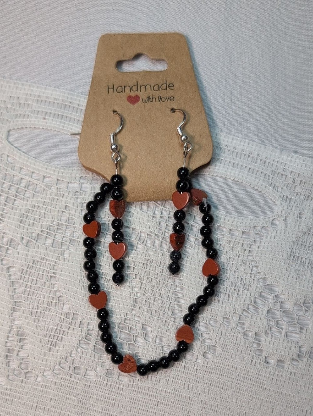 Handmade Black Onyx And Jasper Heart Earring And Bracelet Set