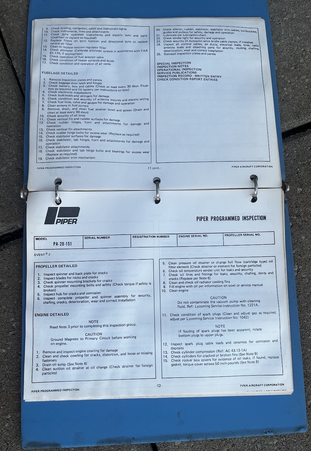 Piper Warrior Programmed Inspection 761-540 Original