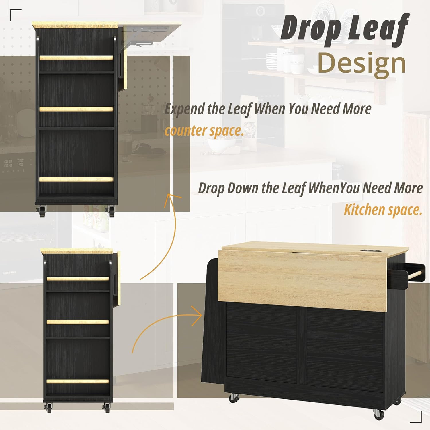 Rolling Kitchen Island Cart with Storage & Power Outlet - Black