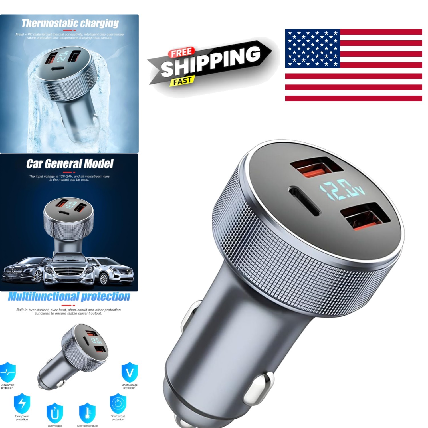 Cigarette Lighter Adapter 72W Fast Charging Dual USB and Type C for All Devices
