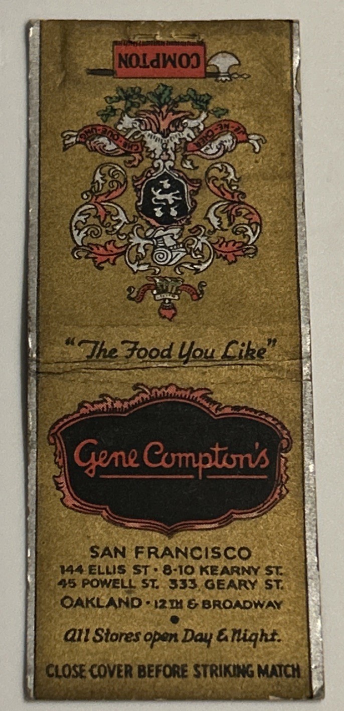 Vintage GENE COMPTON’S Restaurants Matchbook Cover, Oakland/San Francisco, CA.