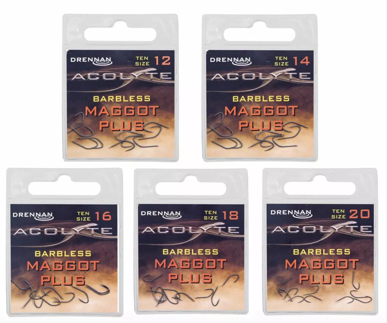 Drennan Acolyte Barbless Maggot Plus Spade End Hooks in Sizes 12, 14, 16, 18, 20