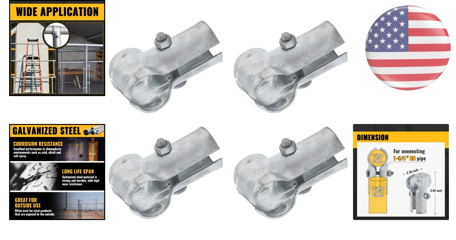 Versatile 1-5/8 Inch End Rail Clamps - Galvanized Steel Connection Set (4 Pack)