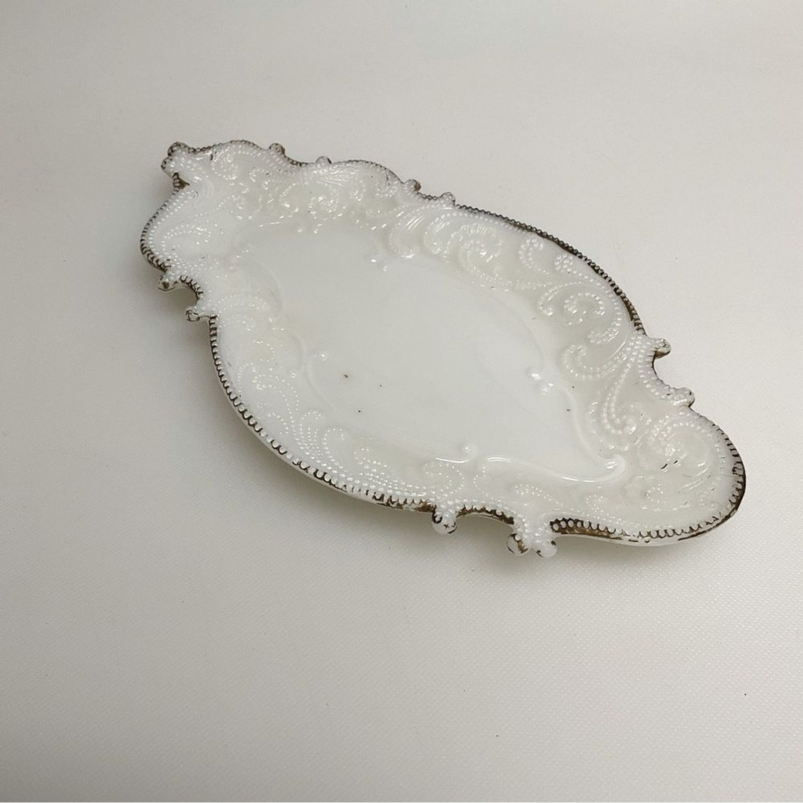 VINTAGE Milk Glass Trinket Tray Victorian Highly Detailed Gold Trim Wearing Off