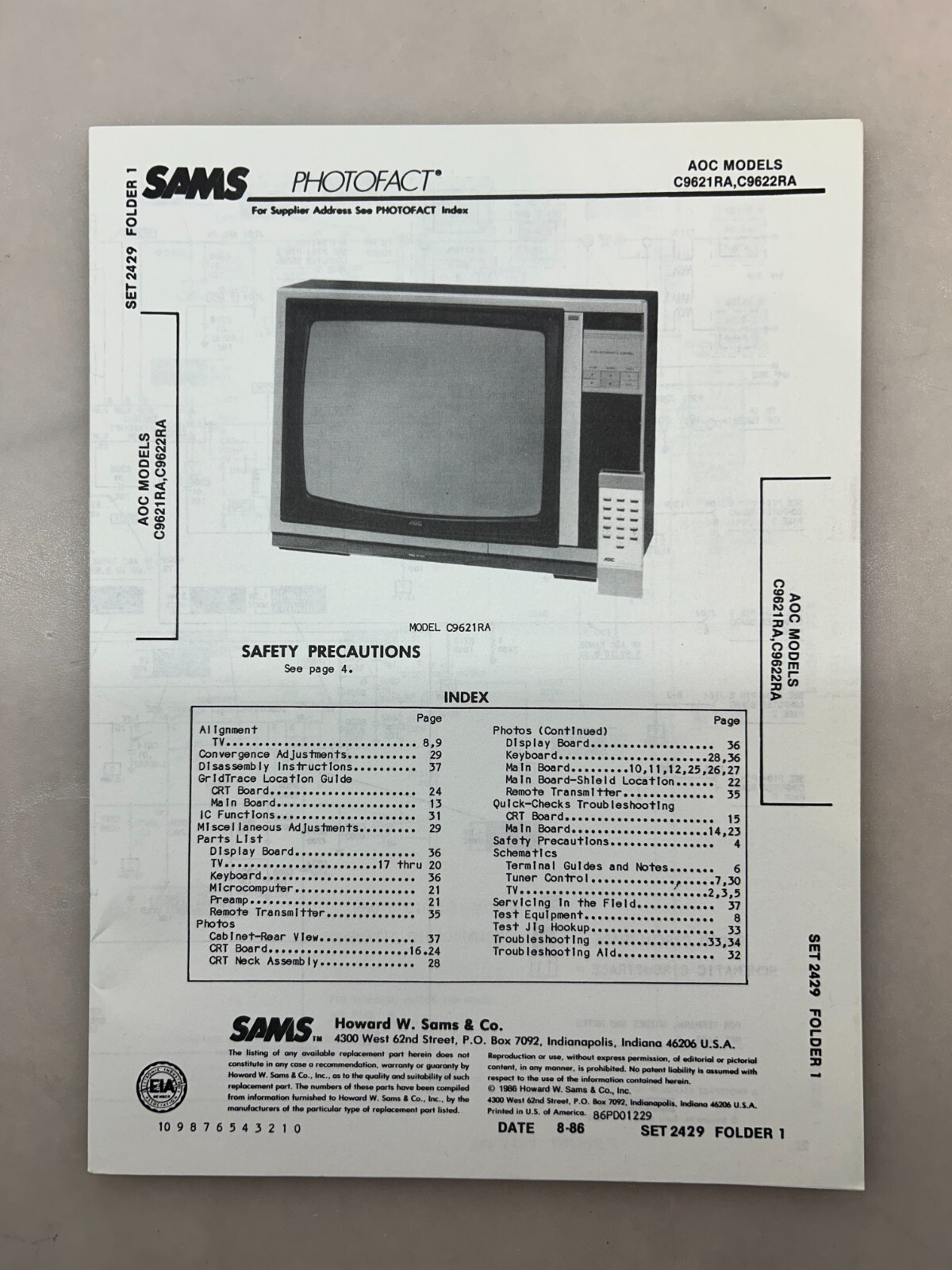 AOC C9621RA C9622RA Service Manual Sams Photofact Free Shipping