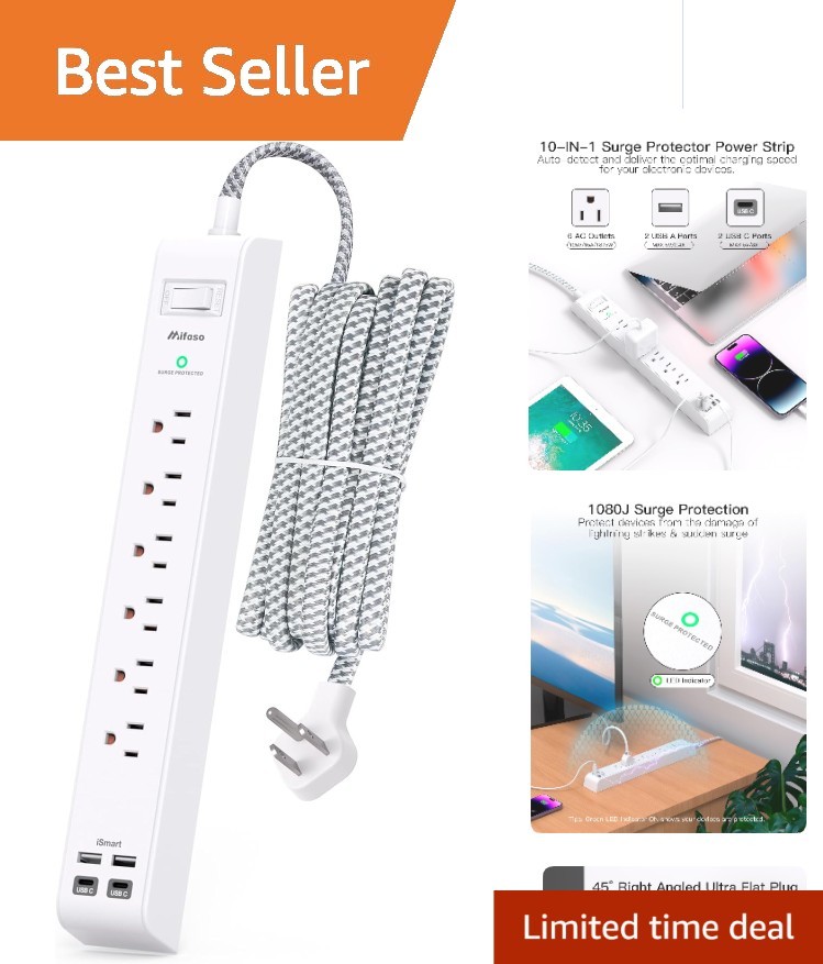 Compact Wall-Mount Surge Protector Power Strip with 6 AC Outlets & USB Charging