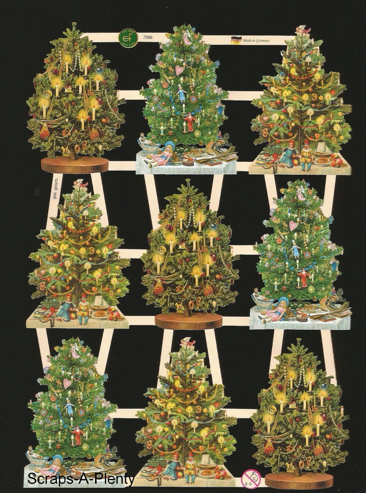 German Embossed Victorian Style Scrap Die Cut - Colorful Christmas Trees  EF7396