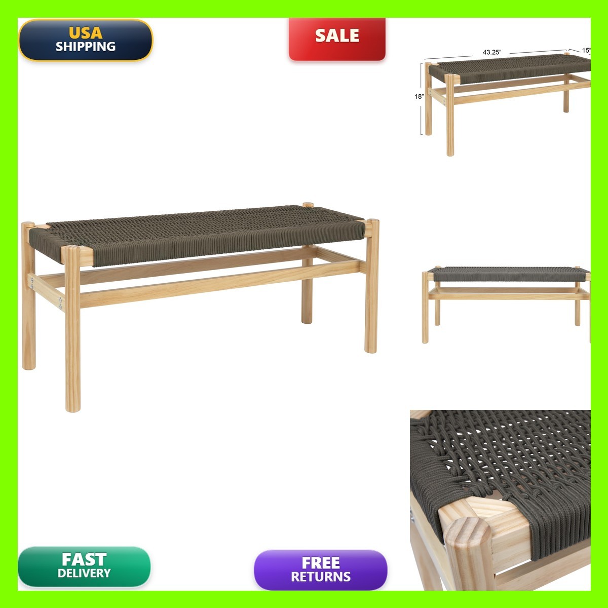 Main + Mesa Fernway Entryway Bench, Moss Green