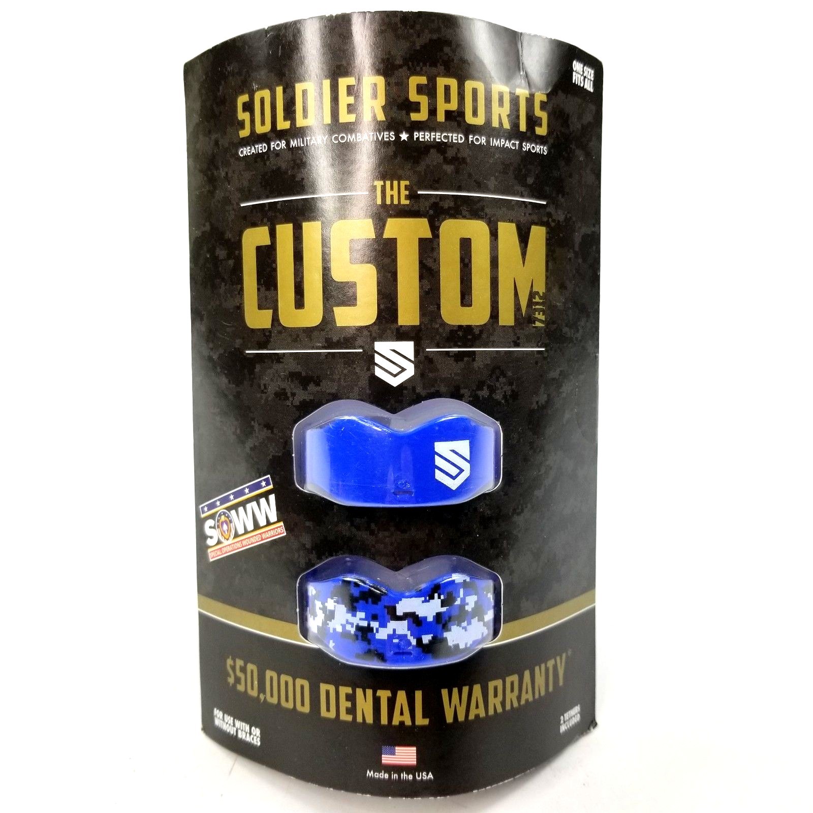 Soldier Sports The Custom Digital Camo & Blue Mouthguards 2 Pack Made In USA New