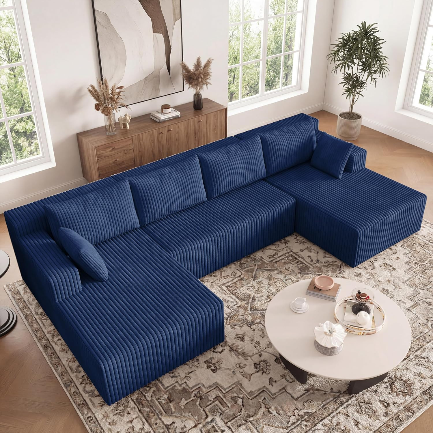 124" Boneless Sectional Sofa, U Shaped Corner Couch, Upholstered Corduroy Modula