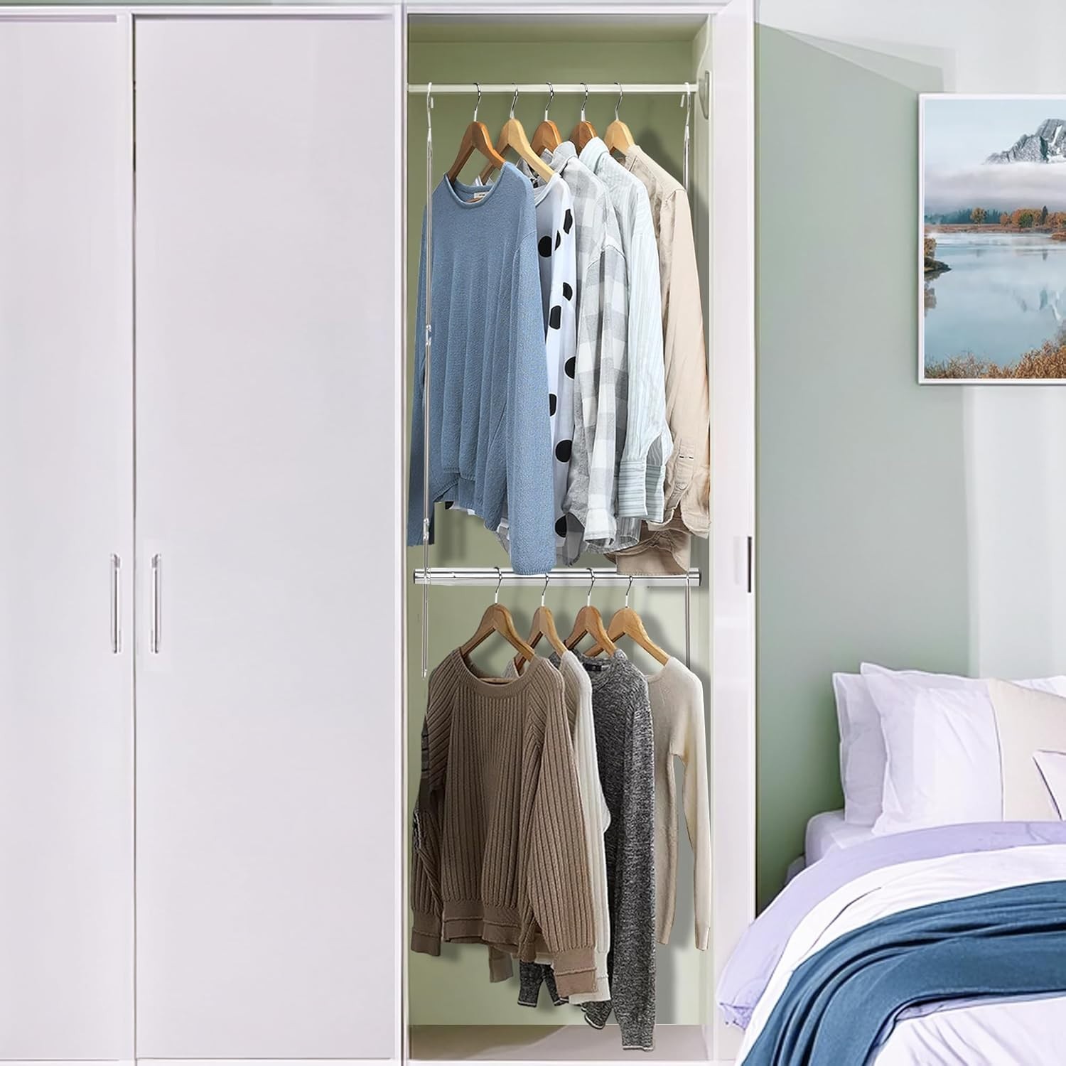 Adjustable Chrome Hanging Closet Rod - Space-Saving Organizer for Versatile Use