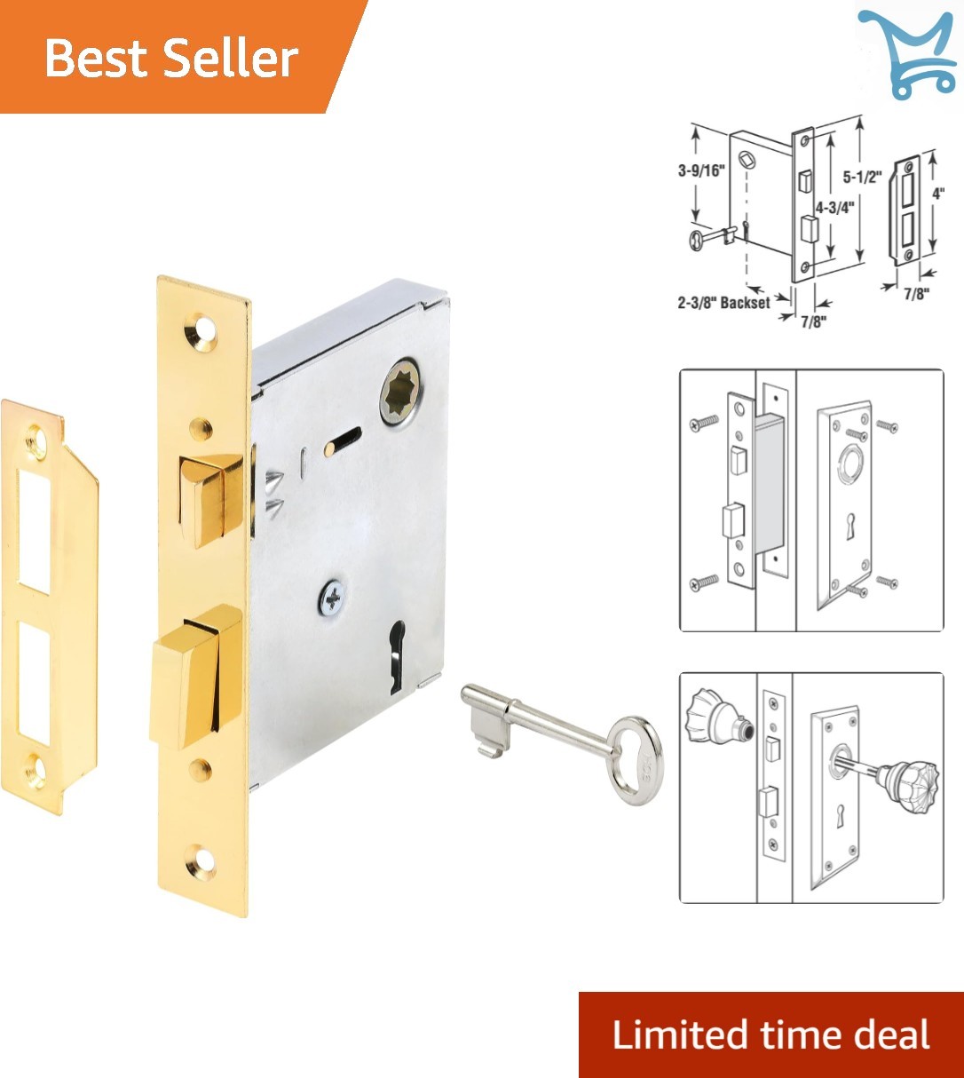 Vintage Steel Brass Mortise Lock Kit Replaces Antique Doors & Hardware
