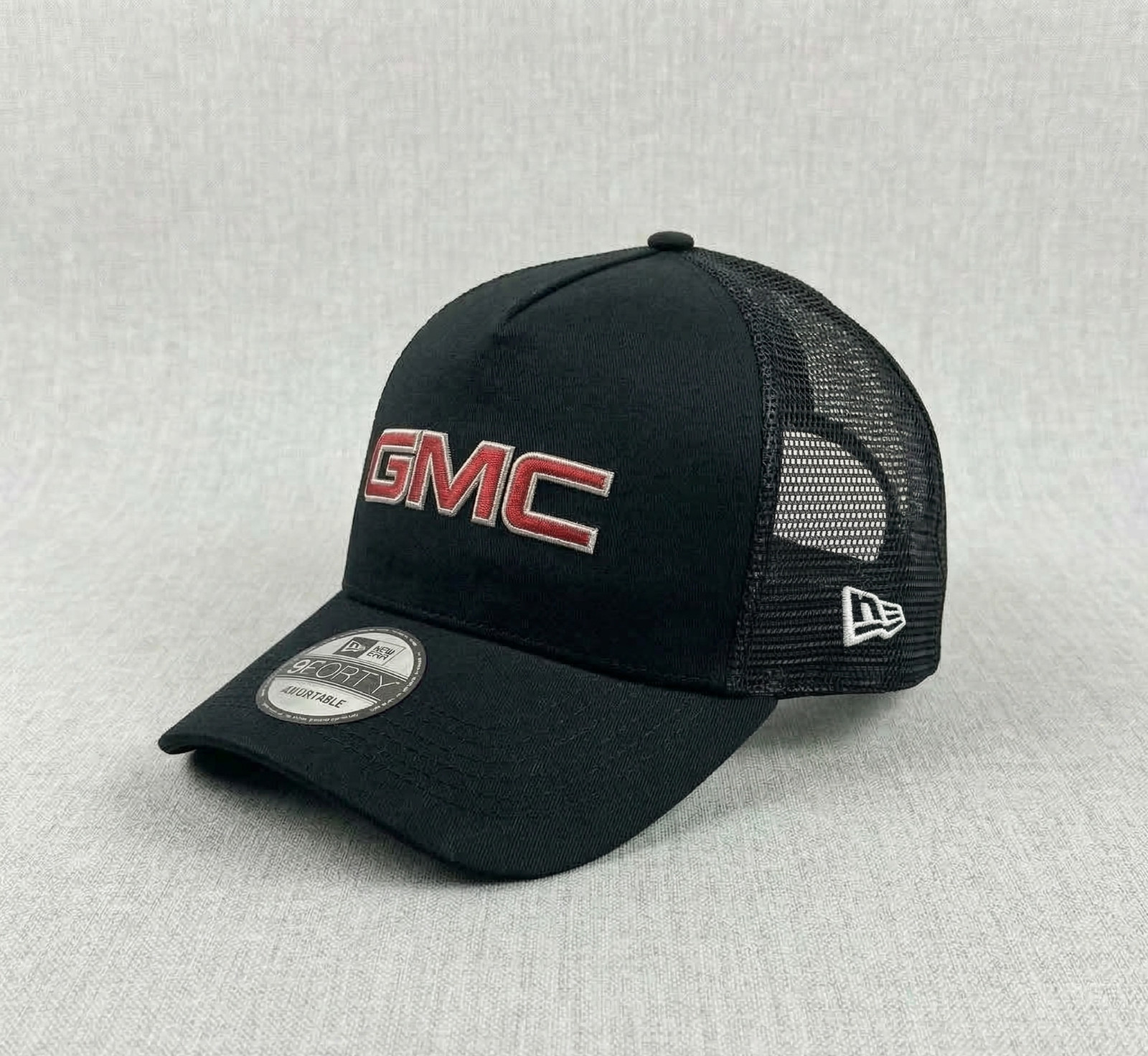 GMC Red Logo Embroidered 9FORTY Trucker Hat Black Mesh Cap Men's