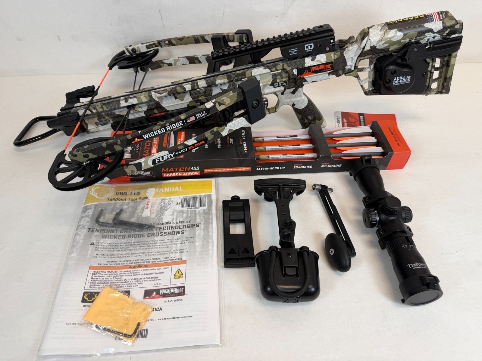 Used- Wicked Ridge Fury 410 De-Cock Crossbow with Rangemaster 100 Scope
