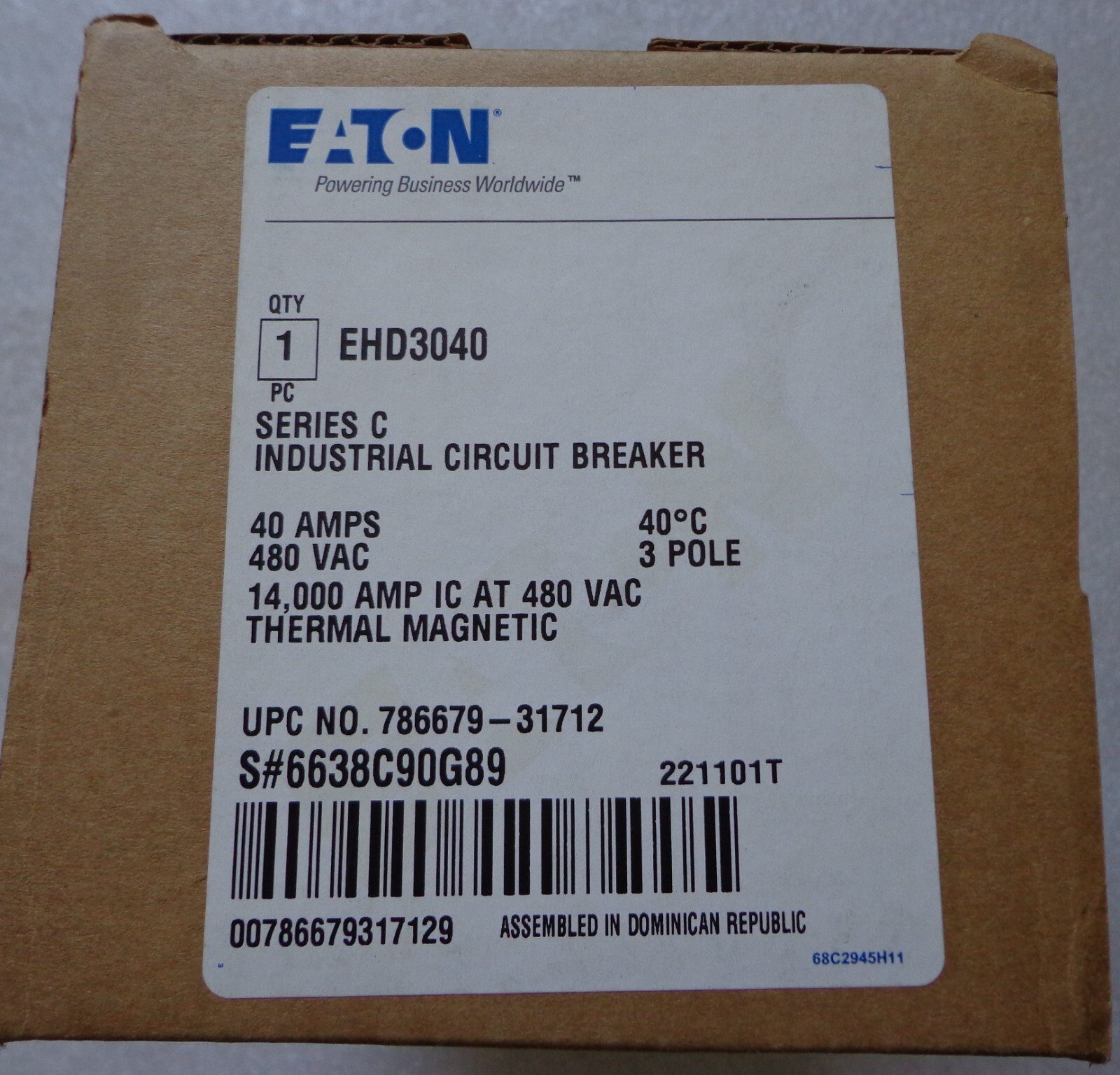 Eaton EHD3040 40A 3P 480VAC  Circuit Breaker, NIB!!!