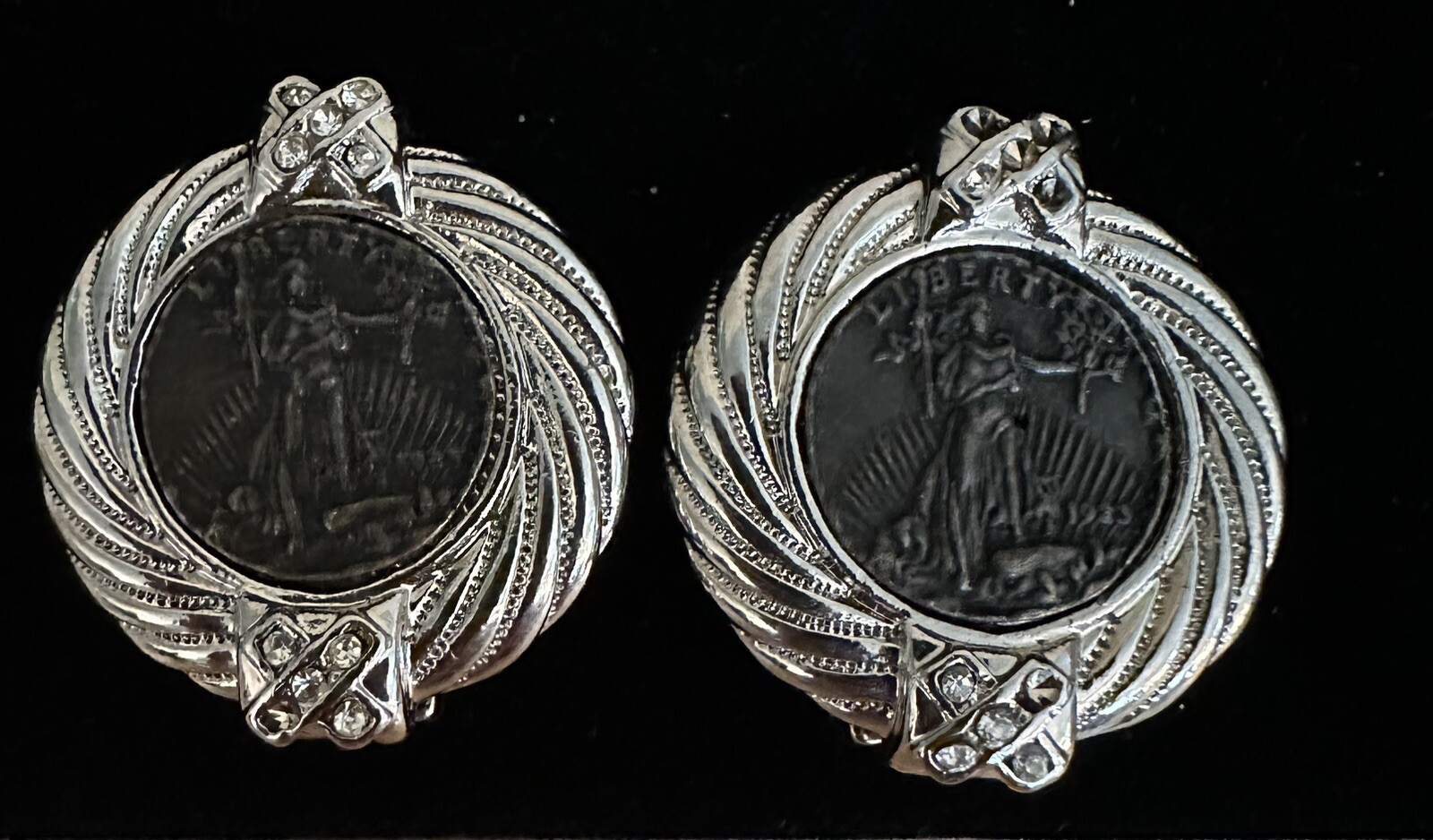 Vintage Silver Tone Black Liberty Cameo Rhinestone Clip On Earrings