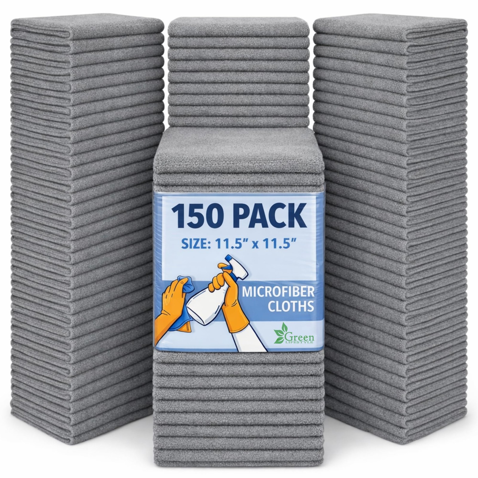 GREEN LIFESTYLE Microfiber Cleaning Cloth 11.5" x 150 Pack of 150, Grey
