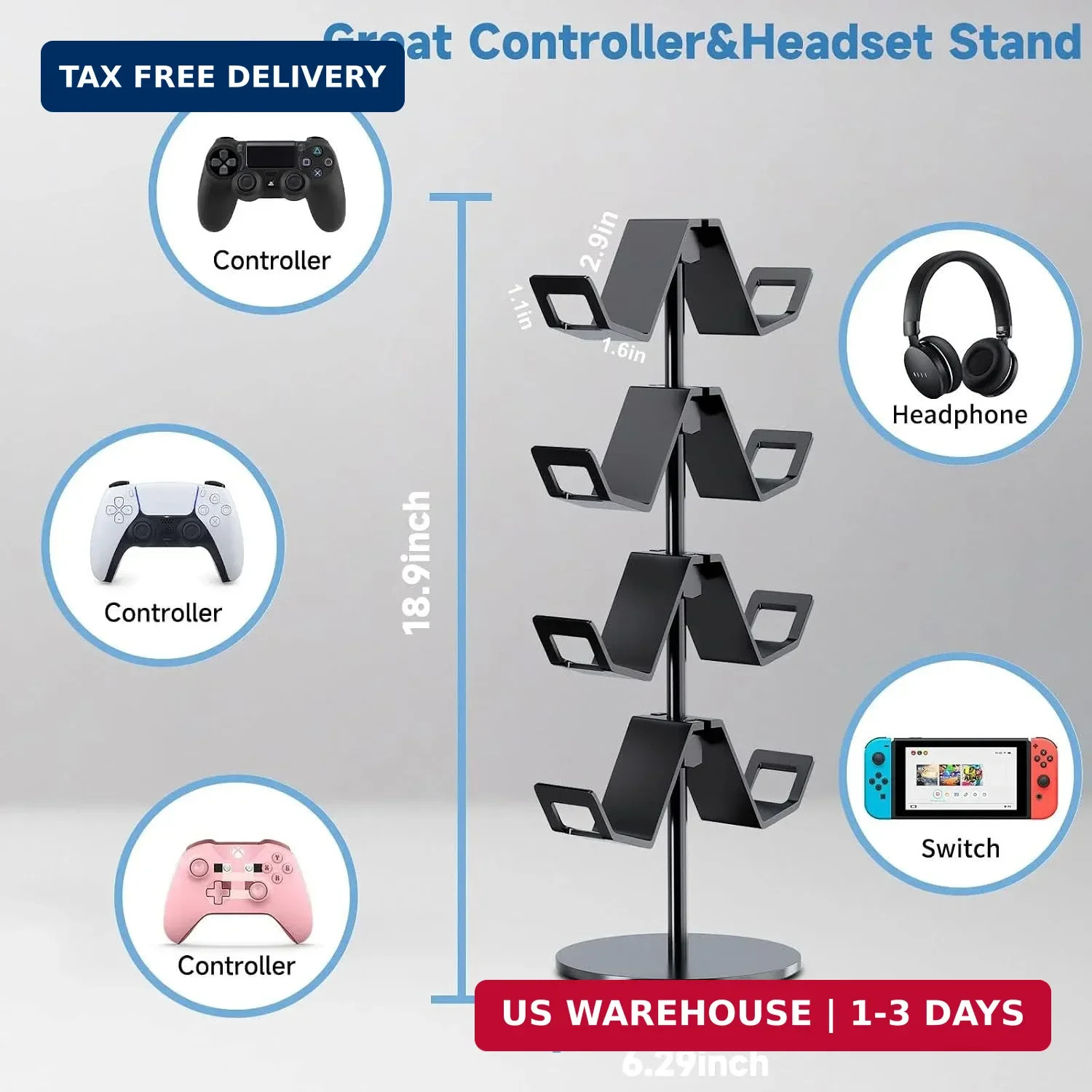 Controller Holder 4 Tier,Headphone Stand for Xbox PS5 PS4 | Classical "W" shape,