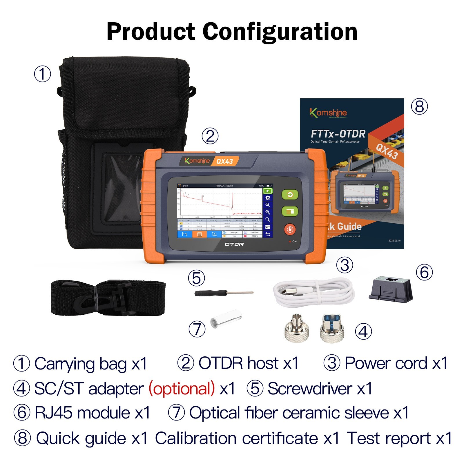 Komshine QX43-S2 1310/1550nm 32/30dB Fiber Optic OTDR Built-in VFL/OPM/OLS/RJ45