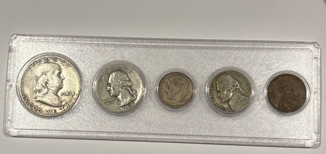 1949 Birth Year 5 Coin Set 90% Silver Circulated U.S. Coins