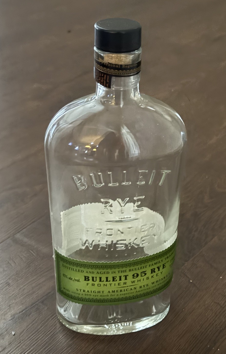 Empty Clear Glass 750ml Bulleit Rye Frontier Whiskey Bottle W/cap