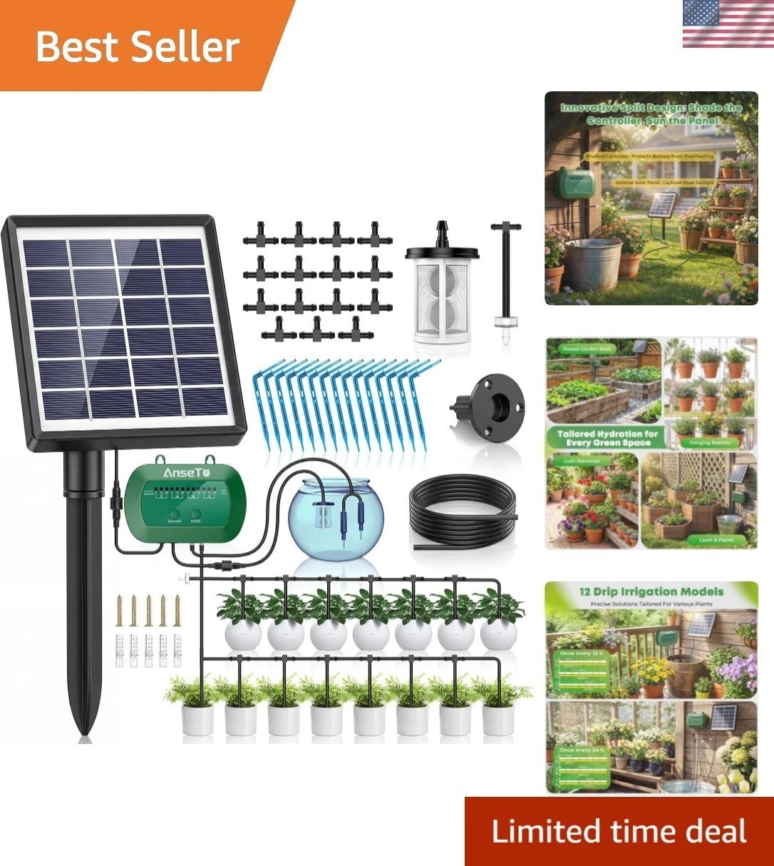 Solar Drip Irrigation System, Automatic Watering Kit with Split Design & Anti...